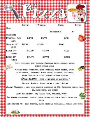 Sturgeon Bay Kona Bay Restaurant Pizza Menu