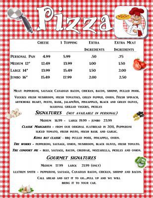 Sturgeon Bay Kona Bay Restaurant Pizza Menu