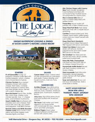 Sturgeon Bay Restaurant The Lodge at Leathem Smith New 2018 Menu